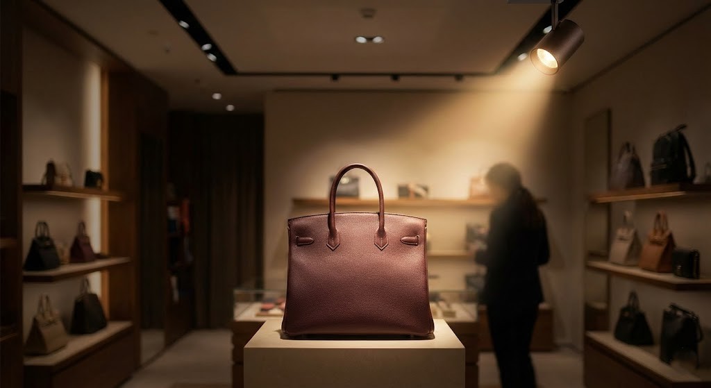 استفاده از تکنیک Spotlight برای ایجاد تمرکز روی یک کیف لوکس. نور متمرکز، ارزش درک‌شده محصول را افزایش می‌دهد و توجه مشتری را به خود جلب می‌کند