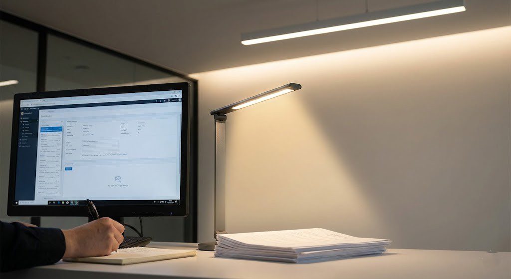 ۵ روش ساده برای کاهش خستگی چشم در محیط کار (تأثیر نور) 2 استفاده ترکیبی از نور سقفی ملایم و چراغ مطالعه