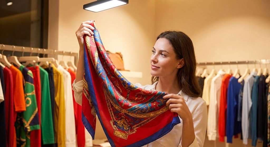 تأثیر نور با CRI بالا در نمایش رنگ‌های زنده و واقعی یک روسری ابریشمی. مشتری با دیدن کیفیت واقعی محصول، اعتماد بیشتری پیدا می‌کند.