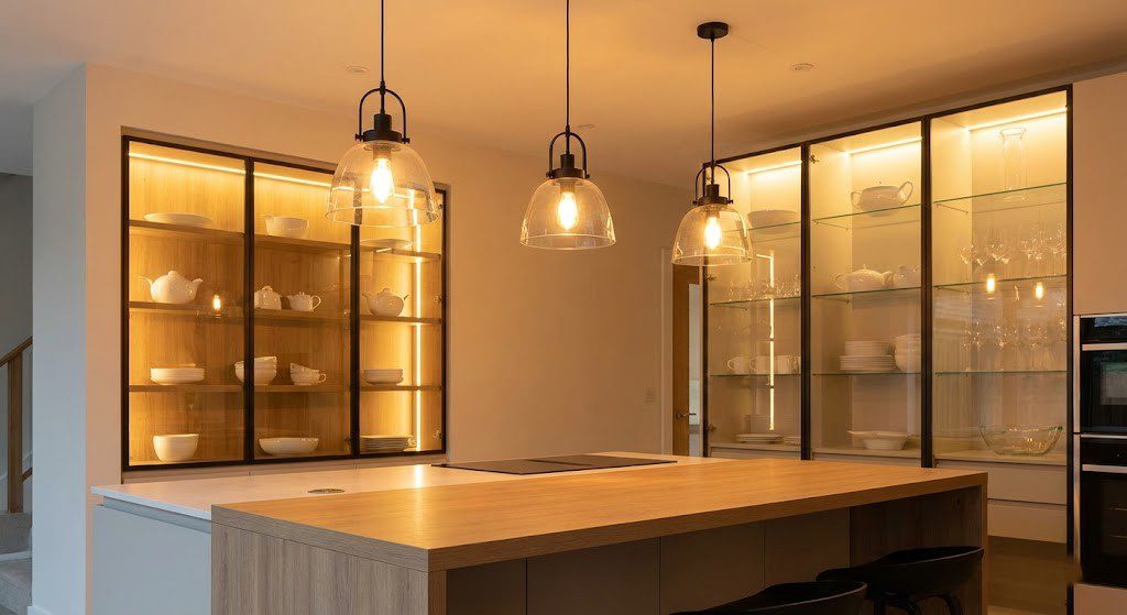 ترکیب آویز جزیره و نورپردازی داخل ویترین در آشپزخانه