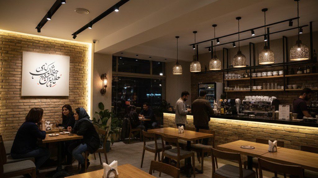 خلق هویت بصری با نورپردازی چندلایه: ترکیب Downlights برای نور عمومی، Track Lights برای تاکید بر میزها، و آویزهای تزئینی برای افزودن شخصیت به کافه ایرانی