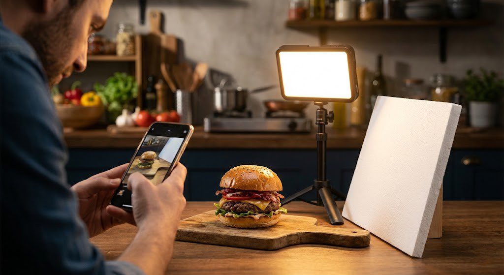پشت صحنه عکاسی حرفه‌ای از غذا با استفاده از یک چراغ LED قابل حمل و یک رفلکتور ساده برای کنترل سایه‌ها و ایجاد بافت